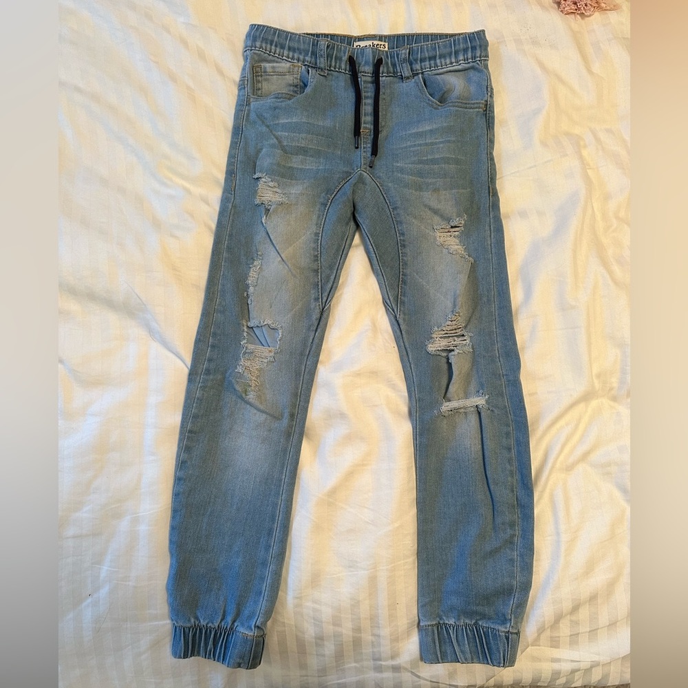Boys drawstring distressed denim, stretchy size 8